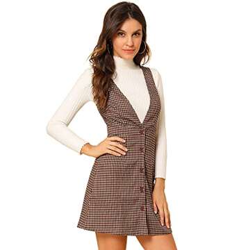 Allegra K Women's Overalls Suspenders Halloween V Neck Plaid Houndstooth Pinafore Dress X-Large Red Black