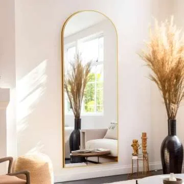NeuType Arched Full Length Mirror, 65"x22" Wooden Thin Frame, Hanging or Leaning Against Wall, Oversized Large Full Body Floor Mirror for Dressing,Bedroom Gold
