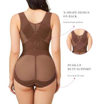 BRABIC Mesh Shapewear Bodysuit Tummy Control for Women Plus Size Faja Body Shaper Bodysuit Butt Lifter(Coffee Brown,Medium)