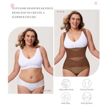 BRABIC Mesh Shapewear Bodysuit Tummy Control for Women Plus Size Faja Body Shaper Bodysuit Butt Lifter(Coffee Brown,Medium)