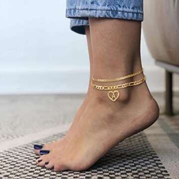 YANODA Initial Ankle Bracelets for Women 14K Gold Plated Layered Figaro Chain Letter Initial Anklets...