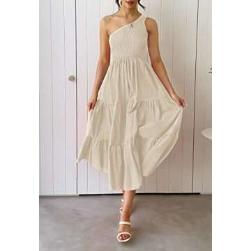 ZCSIA Women's 2024 Summer Boho One Shoulder Sleeveless Solid Color Ruffle Beach Party Tiered Midi Dr...