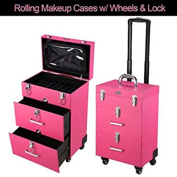BYOOTIQUE Rolling Makeup Train Case Pro Large Makeup Trolley Case PVC Travel Cosmetic w/ 4 Wheel Lock Nail Polish Organizer Storage
