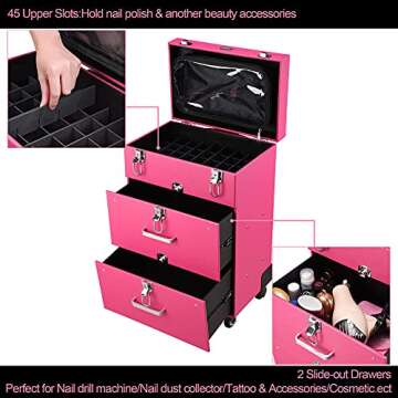 BYOOTIQUE Rolling Makeup Train Case Pro Large Makeup Trolley Case PVC Travel Cosmetic w/ 4 Wheel Lock Nail Polish Organizer Storage