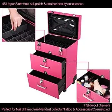 BYOOTIQUE Rolling Makeup Train Case Pro Large Makeup Trolley Case PVC Travel Cosmetic w/ 4 Wheel Lock Nail Polish Organizer Storage