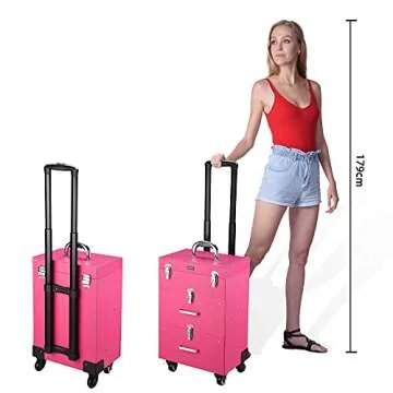 BYOOTIQUE Rolling Makeup Train Case Pro Large Makeup Trolley Case PVC Travel Cosmetic w/ 4 Wheel Lock Nail Polish Organizer Storage
