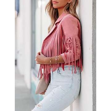 Dokotoo Womens Fashion Fall 2023 Faux Suede Leather Tassel Jackets Outerwear Motorcycle Solid Cropped Jacket Pink Medium