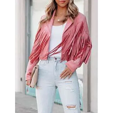 Dokotoo Womens Fashion Fall 2023 Faux Suede Leather Tassel Jackets Outerwear Motorcycle Solid Cropped Jacket Pink Medium