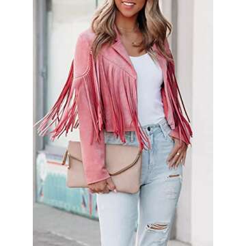 Dokotoo Womens Fashion Fall 2023 Faux Suede Leather Tassel Jackets Outerwear Motorcycle Solid Cropped Jacket Pink Medium