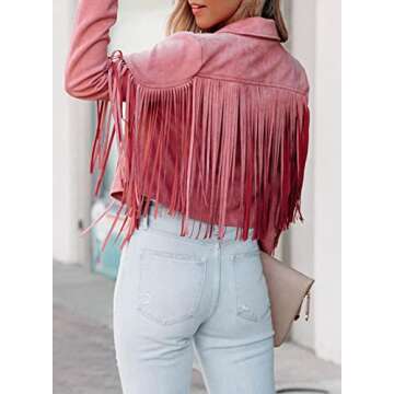 Dokotoo Womens Fashion Fall 2023 Faux Suede Leather Tassel Jackets Outerwear Motorcycle Solid Cropped Jacket Pink Medium