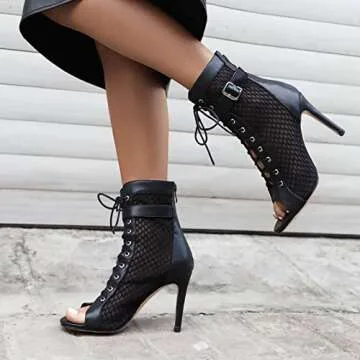 UTIKLIOU Womens Mesh Sandals Peep Toe High Top Sandals Lace Up Summer Boots Buckle Strap Party Sexy Pump Shoes Open toe (Black Size 6.5-7)