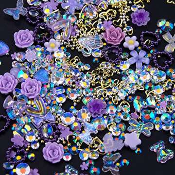3D Mix Assorted Purple Nail Charms Acrylic Multi Shapes Purple Heart Flower Bowknot Cute Nail Charms Hollow Purple Pearls Nail Rhinestones Charms for Nail Art Manicure DIY Crafts Accessories