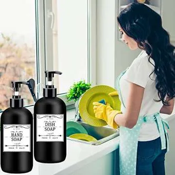 Black Soap Dispenser with Rust Proof Pump, Waterproof Labels (2 Pack,16 Oz) Bathroom, Plastic Hand Dish Soap Dispenser for Kitchen, Premium Thick Soap Pump Bottles (Black)