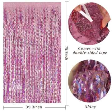 Pink Streamers Fringe Backdrop Tinsel Foil Fringe Curtains Wavy Backdrop for Parties Sparkle Metalli...