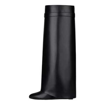 keleimusi Fold Over Wedge Boots Heeled PadLock Pant Knee High Shoes Tall/Short Booties in Black