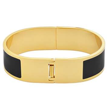 Edforce Stainless Steel Women's 18k Gold Plated Bangle Open Ended Bracelet Buckle Colored Enamel Clasp Stackable (Black)