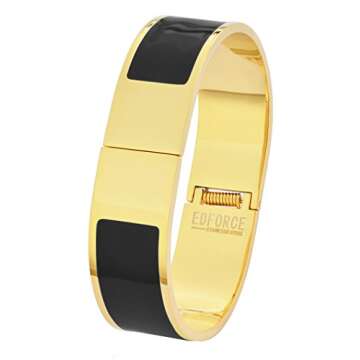 Edforce Stainless Steel Women's 18k Gold Plated Bangle Open Ended Bracelet Buckle Colored Enamel Clasp Stackable (Black)
