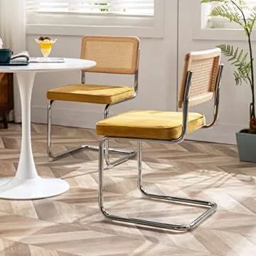 Zesthouse Dining Chairs Set of 4, Natural Rattan Accent Chairs with Solid Wood Back & Stainless Chro...