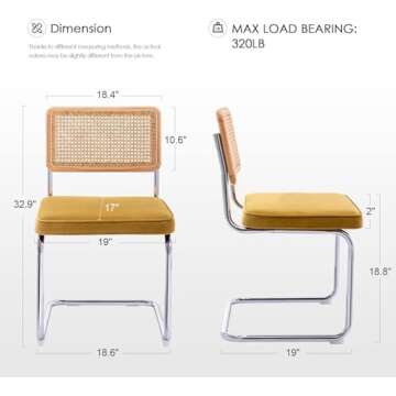 Zesthouse Dining Chairs Set of 4, Natural Rattan Accent Chairs with Solid Wood Back & Stainless Chrome Base, Mid Century Modern Breuer Design Inspired, Upholstered Velvet Kitchen Chairs, Yellow