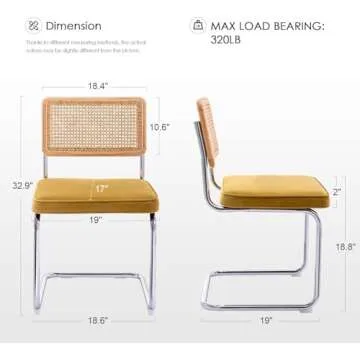 Zesthouse Dining Chairs Set of 4, Natural Rattan Accent Chairs with Solid Wood Back & Stainless Chrome Base, Mid Century Modern Breuer Design Inspired, Upholstered Velvet Kitchen Chairs, Yellow
