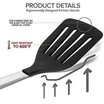 Daily Kitchen Spatula Heat Resistant Silicone and Stainless Steel - Slotted Turner Spatula Rubber Gr...