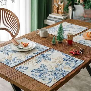 Inselnwald Placemats Set of 4 for Dining Table, 12 x 18 Inch Vintage Floral Lined Heat Resistant Machine Washable Rustic Vintage Table Mats for Kitchen Dinner Holiday (Blue, 4)