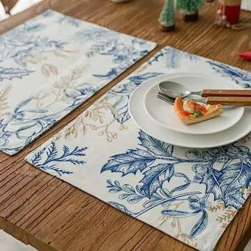 Inselnwald Placemats Set of 4 for Dining Table, 12 x 18 Inch Vintage Floral Lined Heat Resistant Machine Washable Rustic Vintage Table Mats for Kitchen Dinner Holiday (Blue, 4)