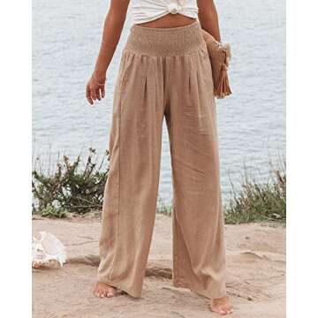Women Linen Pants Elastic High Waist Wide Leg Palazzo Lounge Pants Casual Loose Beach Pants with Pockets (S, Khaki)