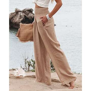Women Linen Pants Elastic High Waist Wide Leg Palazzo Lounge Pants Casual Loose Beach Pants with Pockets (S, Khaki)