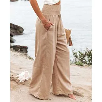 Women Linen Pants Elastic High Waist Wide Leg Palazzo Lounge Pants Casual Loose Beach Pants with Pockets (S, Khaki)