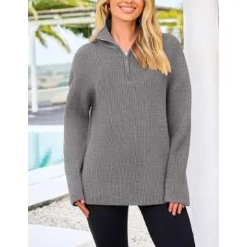 PRETTYGARDEN Women's 2024 Fall Chunky Knit Oversized Sweaters Long Sleeve Collared Quarter Zip Pullover Winter Jumper Tops (Grey,Small)