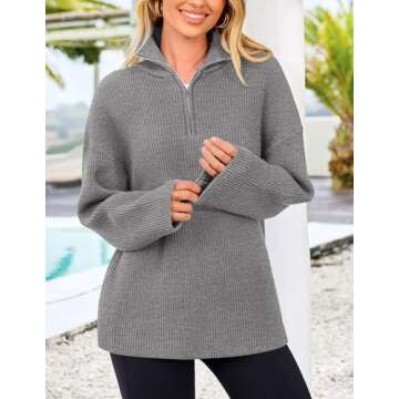 PRETTYGARDEN Women's 2024 Fall Chunky Knit Oversized Sweaters Long Sleeve Collared Quarter Zip Pullover Winter Jumper Tops (Grey,Small)