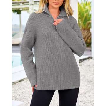 PRETTYGARDEN Women's 2024 Fall Chunky Knit Oversized Sweaters Long Sleeve Collared Quarter Zip Pullover Winter Jumper Tops (Grey,Small)