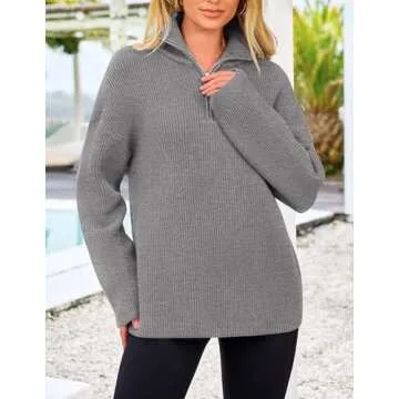 PRETTYGARDEN Women's 2024 Fall Chunky Knit Oversized Sweaters Long Sleeve Collared Quarter Zip Pullover Winter Jumper Tops (Grey,Small)