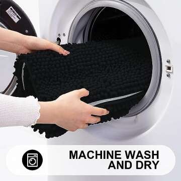 Grandaily Chenille Striped Bathroom Rugs 24x16, Extra Thick and Absorbent Bath Rugs, Non-Slip Soft Plush Shaggy Bath Carpet, Machine Wash Dry, Bath Mats for Bathroom, Black