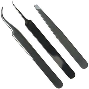 Tweezers for Eyelash Extensions - Set of 3 - Strong Grip, Stainless Steel, Tube Case. Needlepoint for Ingrown Hair, Eyebrow Shaping, Extractions. Great for Tiny Electronic Components