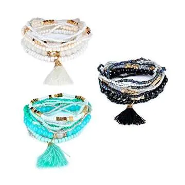 LUREME Bohemian Beads Pearl Tassel Bracelets - Stylish Set