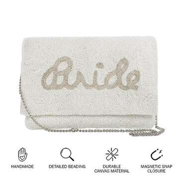 Pretty Robes BRIDE Clutch Purse for Wedding Day and Bachelorette Party, Bridal Purse, Gifts for Bride To Be (Silver)