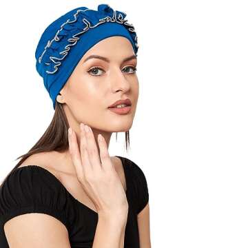 SAKUCHI Bamboo Chemo Ruffle Cap for Women Beanie Turbans Headwear Hat Chemo Headwear Women Classic Blue