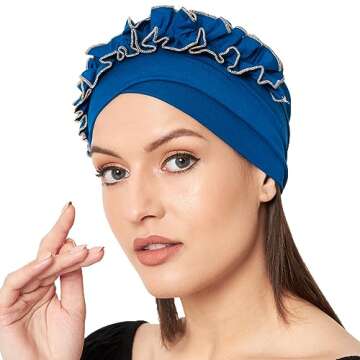 SAKUCHI Bamboo Chemo Ruffle Cap for Women Beanie Turbans Headwear Hat Chemo Headwear Women Classic Blue