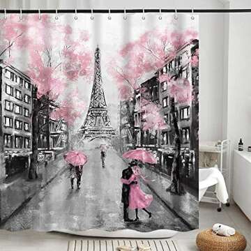 Pink Paris Decor Shower Curtains for Bathroom, Eiffel Tower Fabric Shower Curtain Set, Modern Oil Painting Romantic Valentine's Day Bathroom Accessories Decor, Hooks Included 72X72 inches
