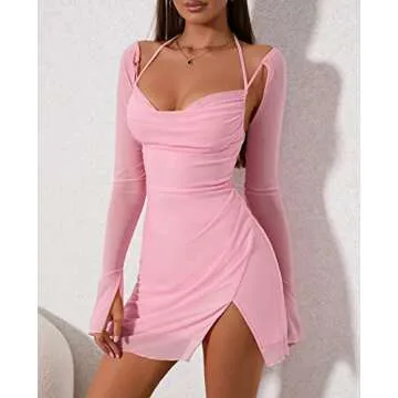 HTZMO Sexy Women's Halter Flounce Sleeves Ruched Mini Dress Sheer Mesh Side Split Cute Party Short Dresses Pink L