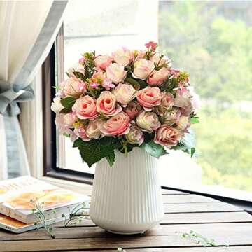 CATTREE Artificial Flowers, Budding Fake Flowers Bouquet 5 Branch 10 Heads Silk Roses Bridal Home Garden Office Dining Table Wedding Decor (Pink Champagne) 2 pcs