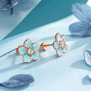 Pink Flower Earrings for Women, 925 Sterling Silver Stud Earrings, Plumeria Earrings Cherry Blossom Stud Earrings