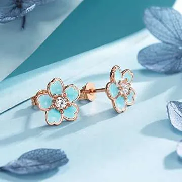 Pink Flower Earrings for Women, 925 Sterling Silver Stud Earrings, Plumeria Earrings Cherry Blossom Stud Earrings
