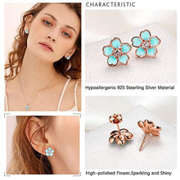 Pink Flower Earrings for Women, 925 Sterling Silver Stud Earrings, Plumeria Earrings Cherry Blossom Stud Earrings