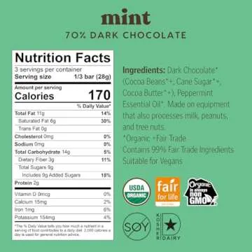 Theo Chocolate Mint Organic Dark Chocolate Bar, 70% Cacao, 6 Pack | Vegan, Fair Trade