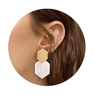 Acrylic Resin Hoop Earrings - Tortoise Shell Earrings for Women Boho Jewelry, Great for Sister, Friends, Mom (White)