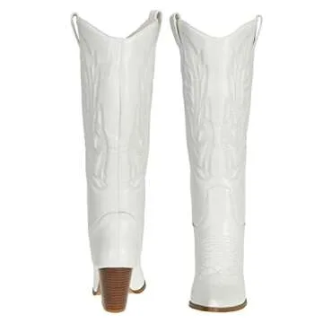 SheSole Knee High Cowboy Boots for Women Fashion Western Cowgirl Boots Pointed Toe Chunky Heel Boots White US 9.5