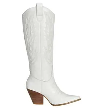 SheSole Knee High Cowboy Boots for Women Fashion Western Cowgirl Boots Pointed Toe Chunky Heel Boots White US 9.5